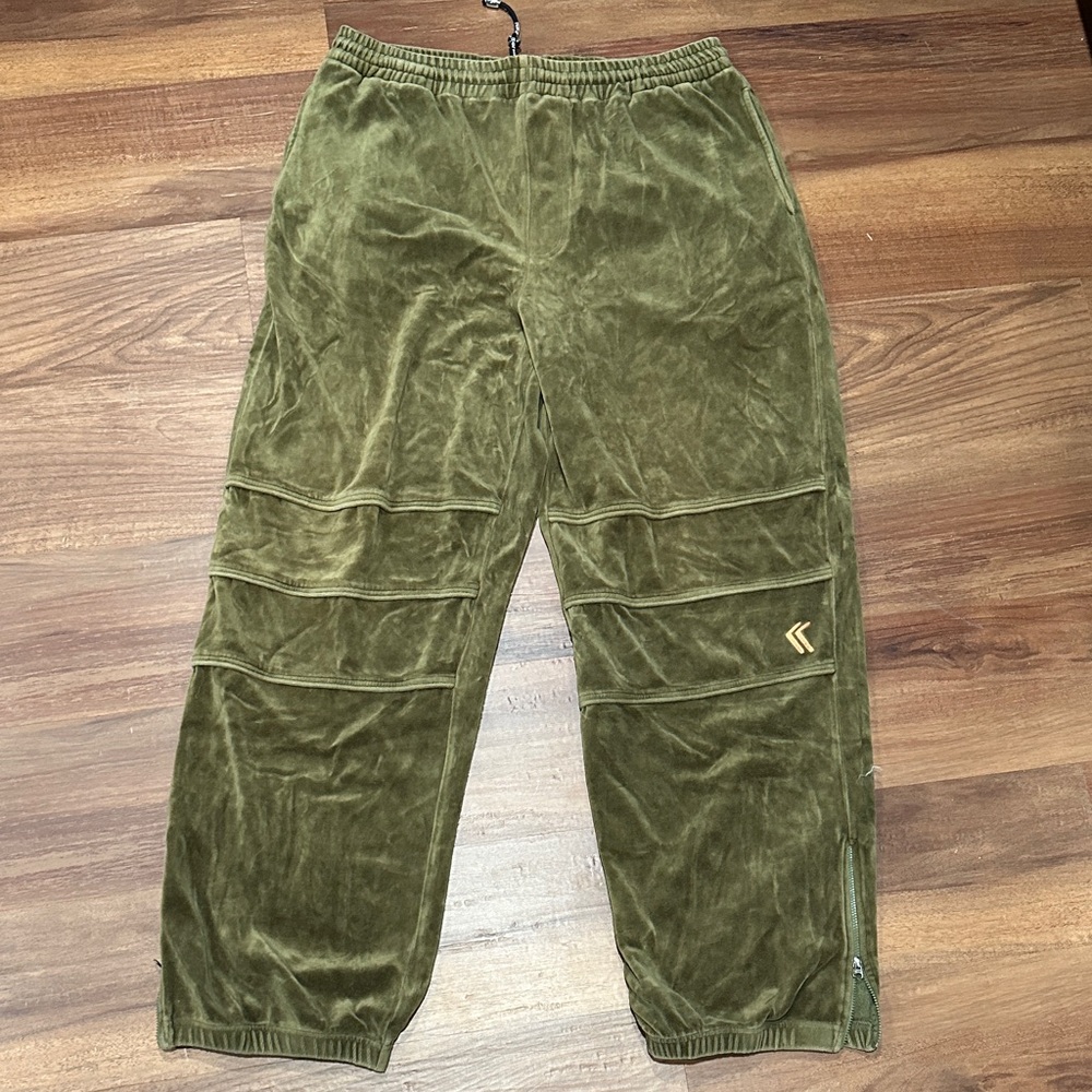 Karl Kani Men's Olive Green Velour Joggers with Ankle Zips XL